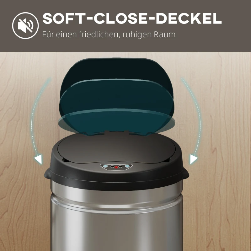 HOMCOM Kosz na śmieci z czujnikiem 50L ze stali nierdzewnej, Automatyczny cichy kosz z pokrywą Soft-Close, Czujnik ruchu, Kosz odporny na odciski palców dla biura, sypialni, kuchni, Srebrny