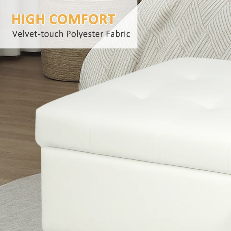 HOMCOM Storage Ottoman, 115 x 50 x 43 cm, Storage Bench with Wooden Legs, Footstool, Footrest, 84L, Velvet Surface, for Bedroom, Hallway, Living Room, Cream White