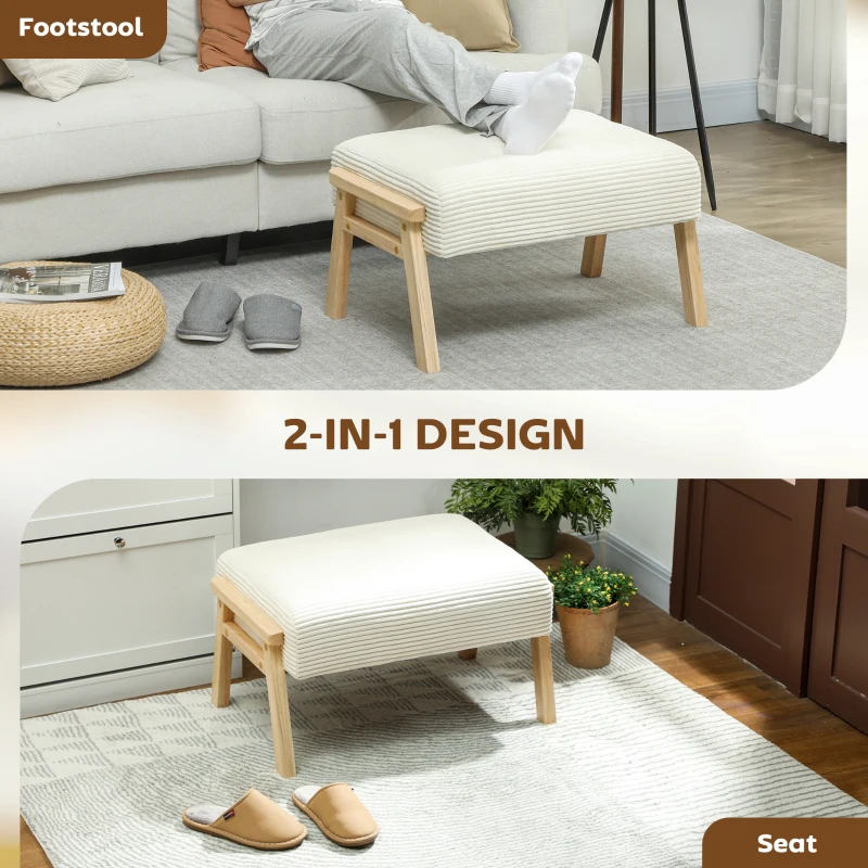 HOMCOM Modern Footstool, Corduroy Fabric Foot Stool with Rubber Wood Legs and Padded Seat for Living Room, Bedroom, Entryway, 70 x 46 x 40cm, Cream White