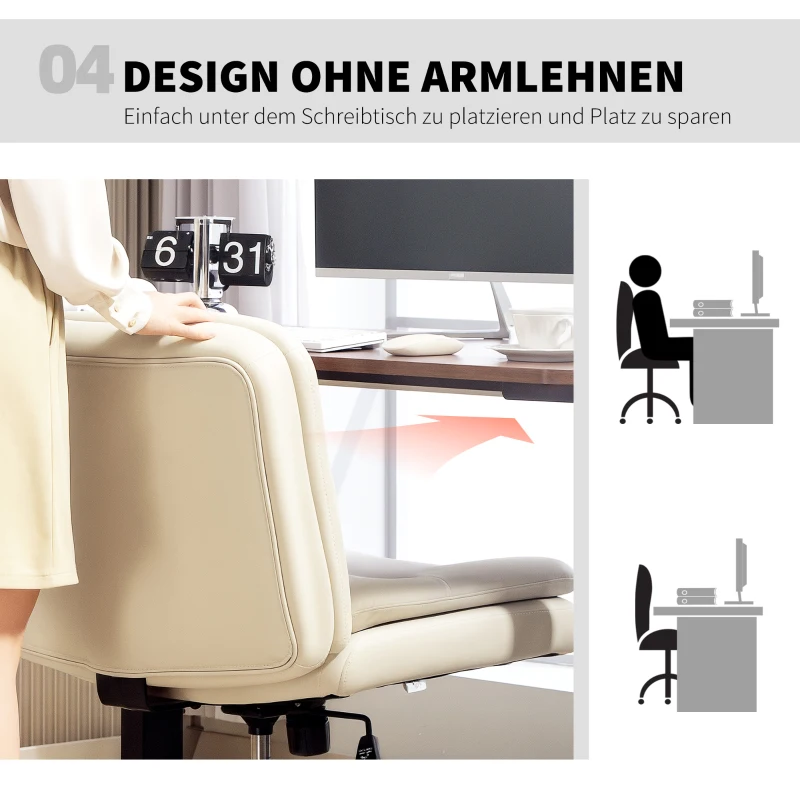 HOMCOM Armless Office Chair, PU Leather Criss Cross Legged Desk Chair with Wide Seat, Double-Tier Padding, Throw Pillow and Tilt Function, Height Adjustable Swivel Computer Seat for Home, Beige