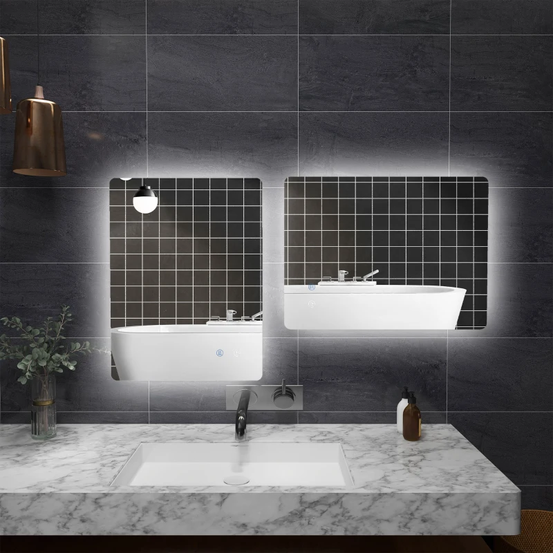 kleankin Miroir rectangulaire mural lumineux LED de salle de bain 70 x 50 cm 3 couleurs luminosité réglable blanc transparent