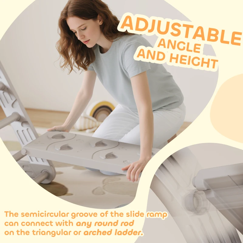 AIYAPLAY Drabinki Kryte, 5 w 1 Trójkąt do wspinaczki z zjeżdżalnią, Łuk, w zestawie dwustronna rampa, Plac zabaw kryty dla dzieci 18-48 miesięcy, Szary+Biały