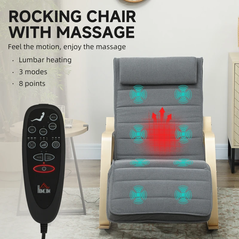 HOMCOM Fotel bujany z masażem i ogrzewaniem, aksamitny fotel wypoczynkowy z 5-stopniową regulacją podnóżka, wysokim oparciem i zagłówkiem do salonu i sypialni, szary