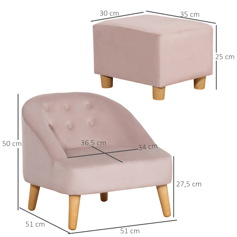 HOMCOM Fotel dla dzieci z podnóżkiem Sofa dziecięca od 3 lat Meble dla dzieci Pokój dziecka Aksamit holenderski Drewno eukaliptusowe Różowy 51 x 51 x 50 cm