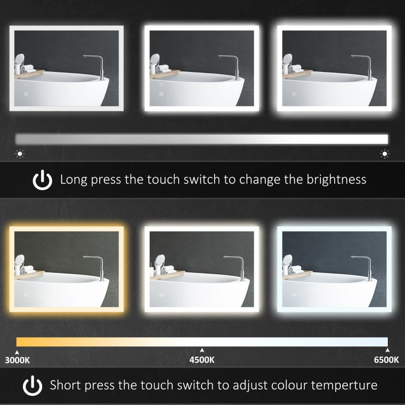 kleankin Oglinda de Baie Iluminata 800 x 600 mm cu Iluminare din Spate cu Lumini LED, Oglinda de Baie de Perete cu 3 Lumini, Intrerupator Tactil Reglabil, Folie de Dezaburire, Orizontala/Verticala