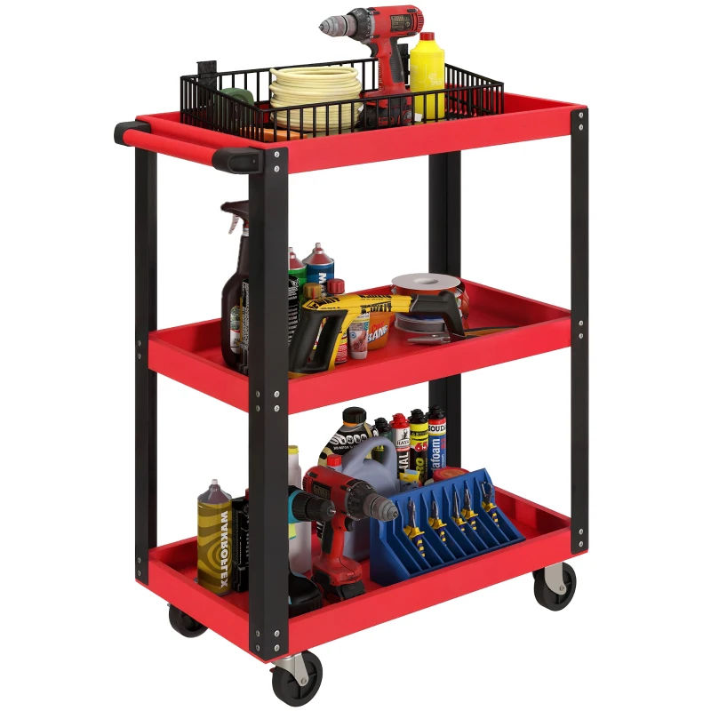 HOMCOM Heavy Duty Tool Trolley, 120kg Capacity 3-Tier Tool Trolley on Wheels with Lockable Casters and Handle, Utility Service Cart for Garage and Workshop, Red