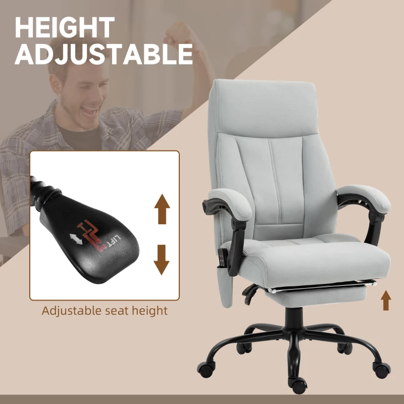 Vinsetto Fotel Biurowy z Funkcją Masażu, Ergonomiczne Krzesło Biurkowe z Funkcją Leżenia, Ogrzewanie Lędźwiowe, Regulowana Wysokość Komputerowego Krzesła z Podnóżkiem, Obrotowe, Szary