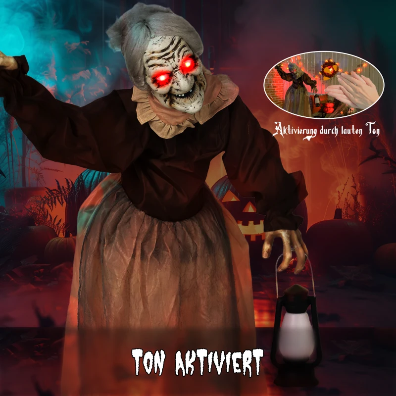 Outsunny Dekoracja na Halloween 150 cm Czarownica z LED, Dźwiękiem, Dekoracja Drzwi z Regulowanymi Ramionami, Głową, Figura Ogrodowa w Naturalnej Wielkości na Imprezę