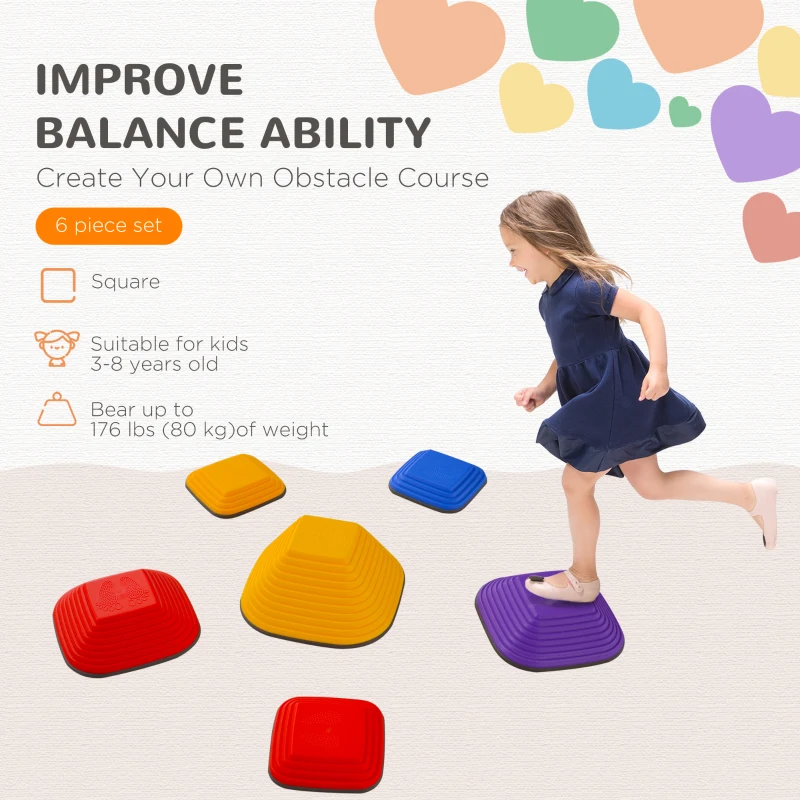 AIYAPLAY Balance Stepping Stones for Kids, 6PCs Non-Slip Stackable River Stones, Obstacle Courses for Balance & Motor Skills, Indoor Outdoor Sensory Toy Gift for Kids Aged 3-8