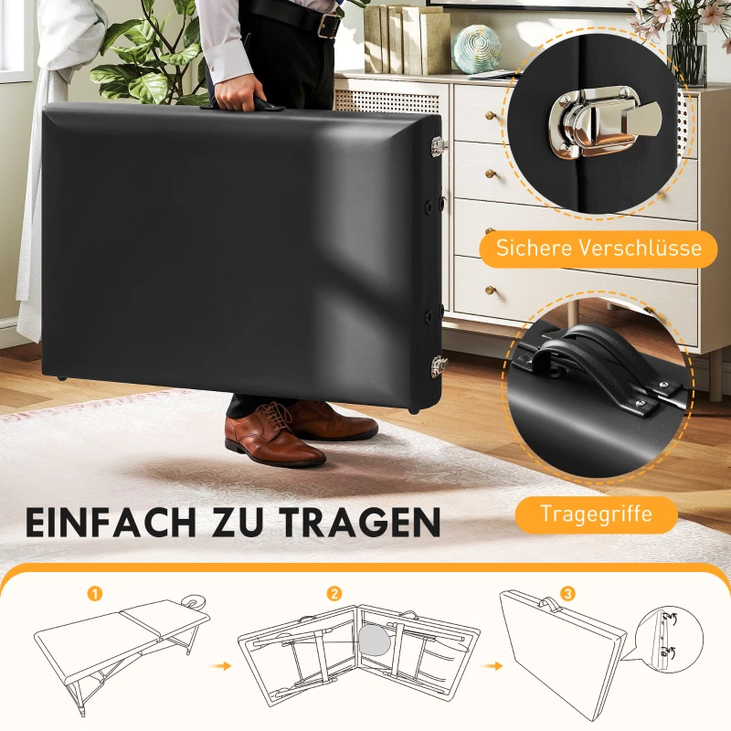 Mobilna leżanka do masażu HOMCOM, 2 strefy, składana, regulowana wysokość, szerokość 70 cm, z zagłówkiem, nogi z drewna, czarna