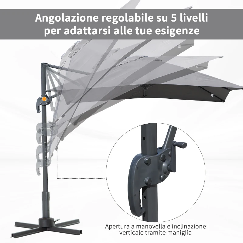 Outsunny Ombrellone da Giardino a Manovella 245x245cm con Rotazione 360° Parasole Regolabile Grigio