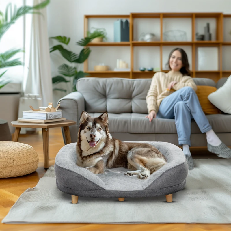 PawHut Raised Dog Sofa with Detachable Top, Cat Sofa with Padded Sides, Elevated Pet Bed with Anti-Slip Feet, Wooden Feet for Large and Medium Dogs - Grey