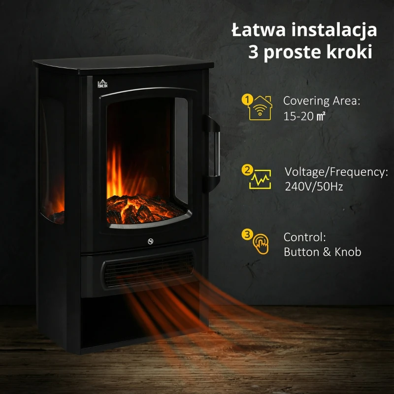 Kominek elektryczny LED, realistyczne płomienie, 2 moce, czarny