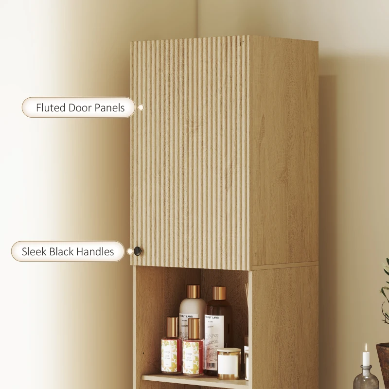 Wąska Wysoka Szafka Łazienkowa HOMCOM z 2 Drzwiami, Regulowanymi Półkami, 2 Otwartymi Przegrodami, do Łazienki, Salonu 40 x 31 x 182 cm Dąb