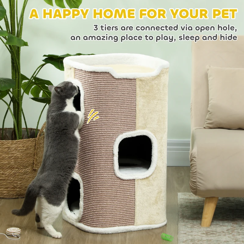 Domek dla kota PawHut, drapak 3 poziomy, beżowy