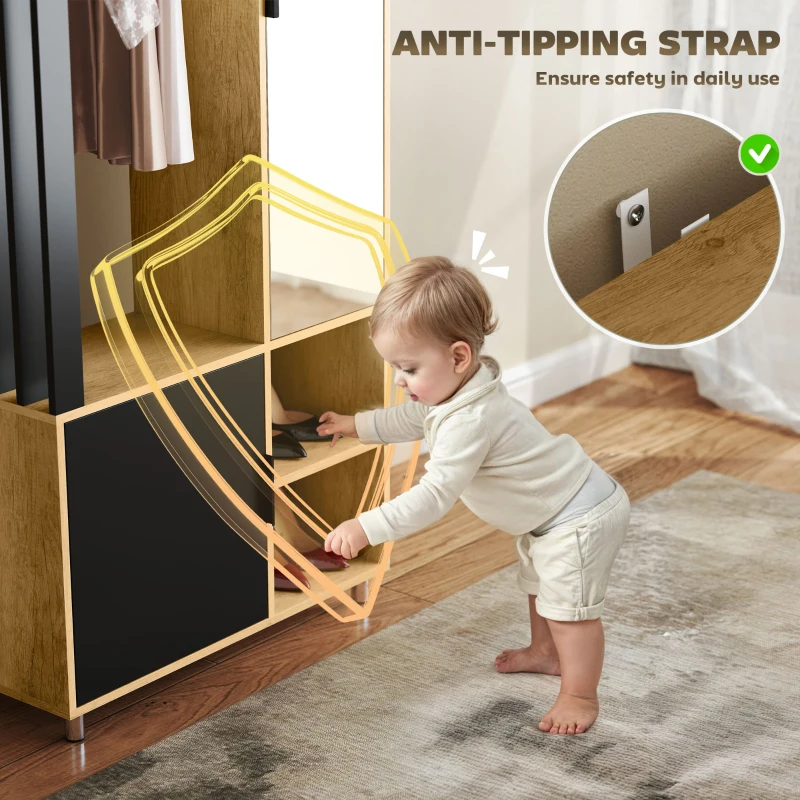 HOMCOM Wardrobe with Mirror and Hanging Rail, Modern Storage Cupboard with Open Compartments for Bedroom, Nature Wood Finish