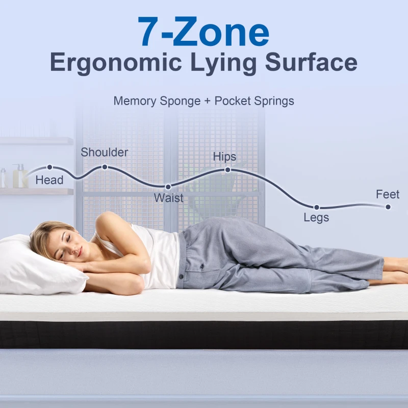 Materac HOMCOM 90x200 cm, Wysokość 25 cm, Ergonomiczny Materac Sprężynowy z Pianką Memory, 7-Strefowy, Stopień Twardości H3, Certyfikaty Oeko-TEX & CertiPUR
