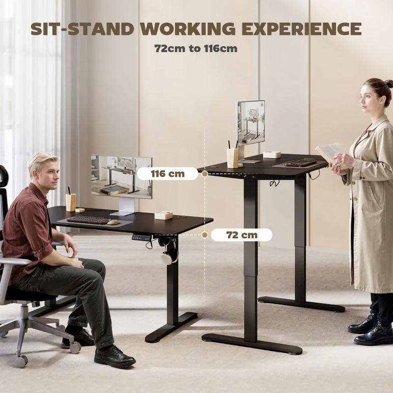 Biurko regulowane Vinsetto 140 x 70 cm Elektryczne, Ergonomiczne biurko stoi-siedzi z haczykami, Ochroną przed kolizją, Czarne