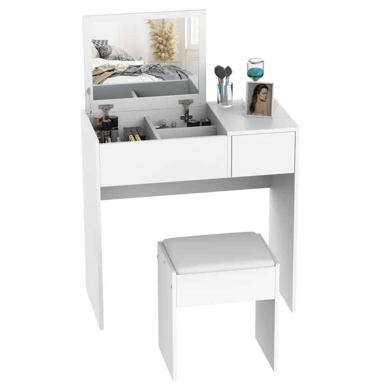 HOMCOM Makeup Desk with Drawer, Vanity Table Set with Flip-up Mirror and Cushioned Stool, White