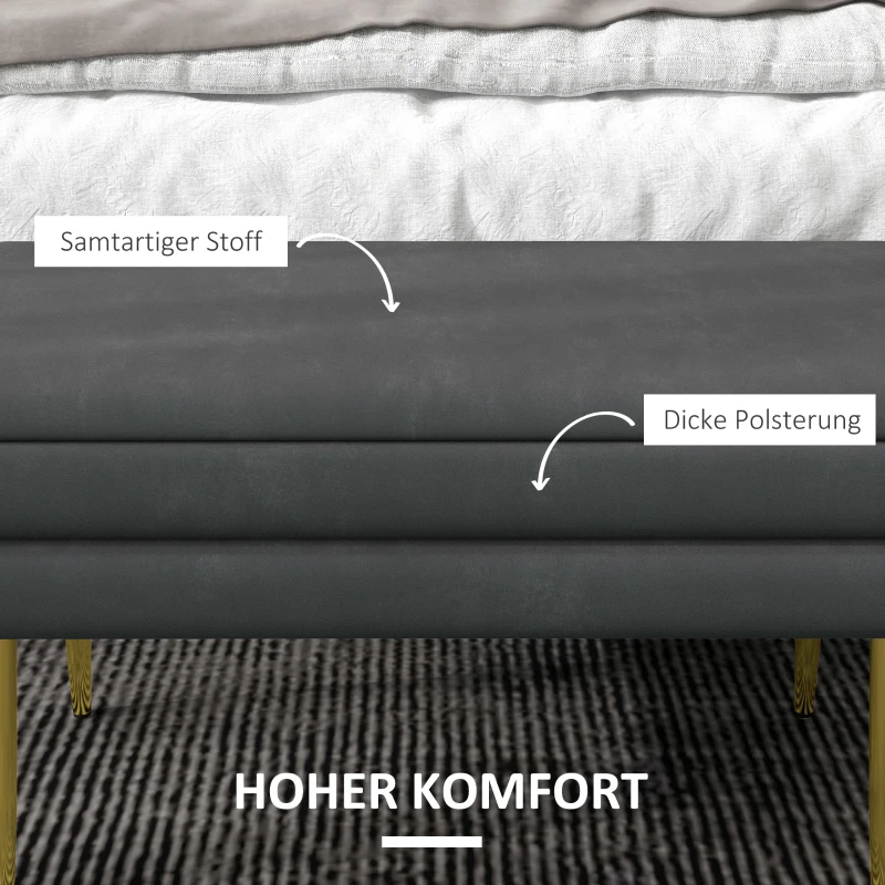 HOMCOM Ławka Tapicerowana z Przestrzenią do Przechowywania, Aksamit, Ławka z Nogami Stalowymi, Ławka na Buty, Pojemnik na Przedmioty do Salonu, Sypialni, Szary, 79,5 x 37,5 x 43 cm