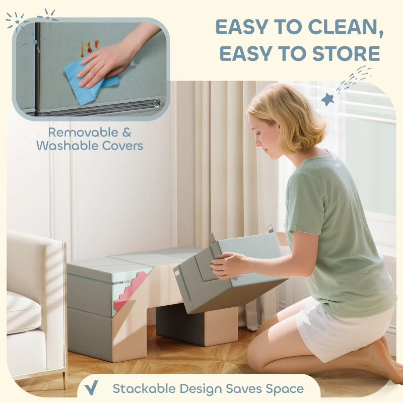 AIYAPLAY Baby Soft Play Set, 2-Piece Foam Climbing Blocks with Detachable Cover, Climb and Crawl Foam Blocks Interactive Toy for Toddlers 0.5-3 Years, Multicolour