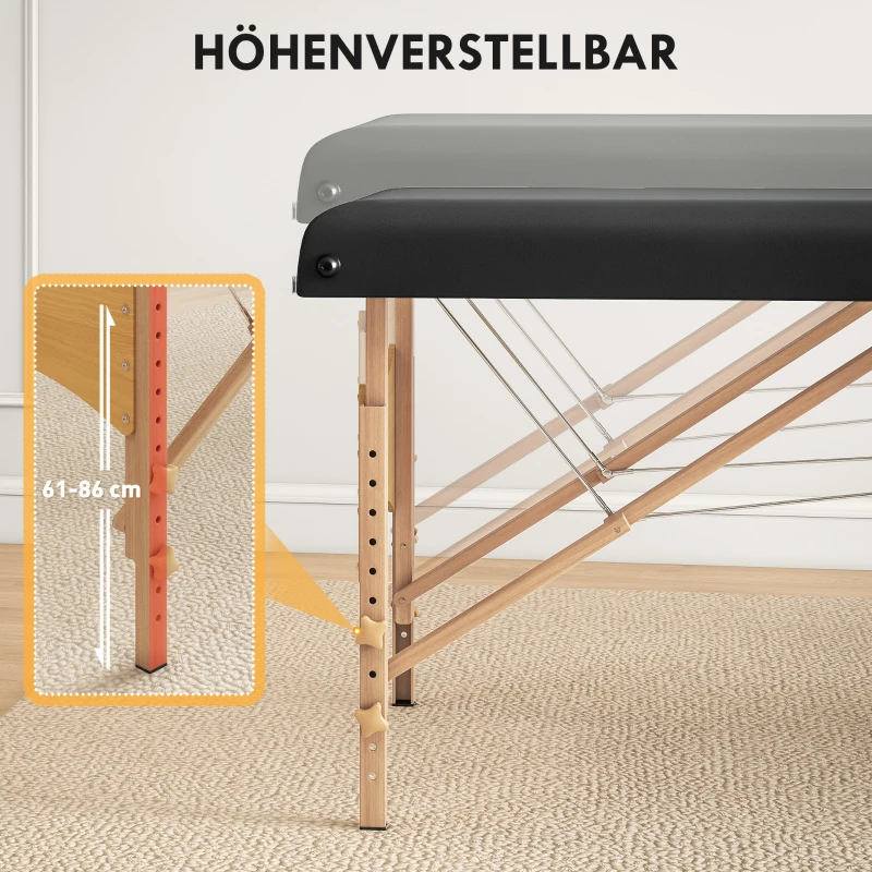 Mobilna leżanka do masażu HOMCOM, 2 strefy, składana, regulowana wysokość, szerokość 70 cm, z zagłówkiem, nogi z drewna, czarna