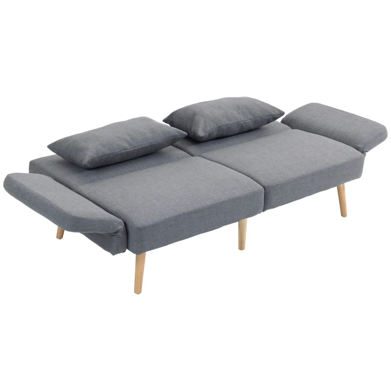 HOMCOM Sofa Rozkładana, 2-osobowe Łóżko z Funkcją Spania, 2 Poduszki, 3-osobowa Sofa z Regulowanym Oparciem, Wygląd Lnu, Do Salonu, Sypialni, 170 x 83 x 80 cm, Szary