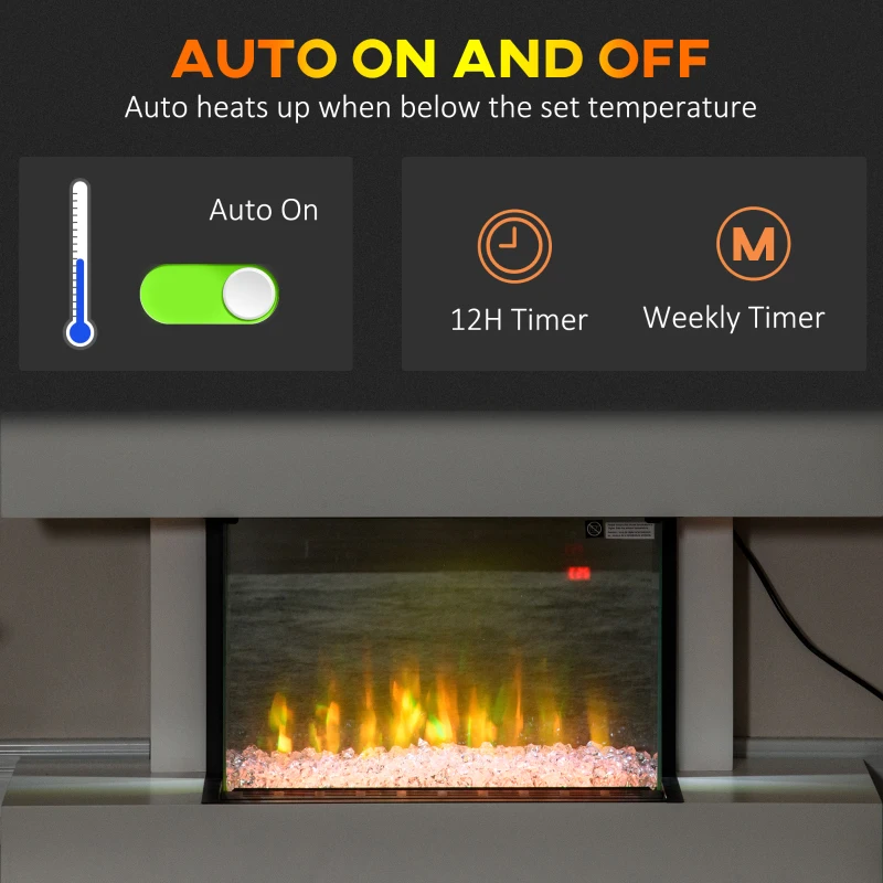 HOMCOM Elektryczny kominek, ścienный kominek z ogrzewaniem 2000 W, efekt płomieni LED 3D, kryształy, w 11 kolorach z 3 poziomami jasności, Elektryczny kominek z pilotem, timerem, montaż ścienny, biały