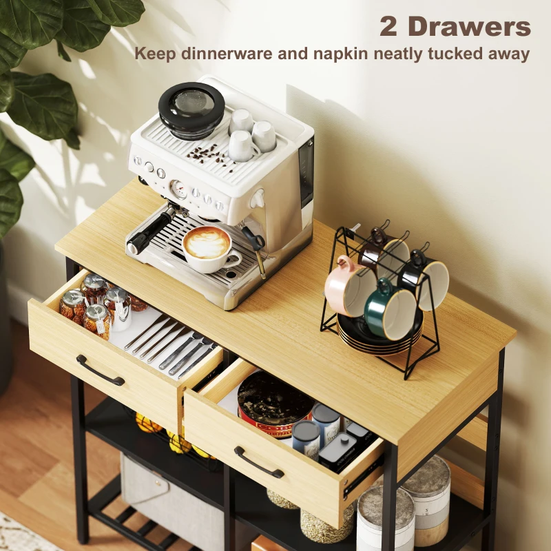 HOMCOM Kredens, Komoda z 2 szufladami, 3 otwartymi półkami, Szafka kuchenna, Szafka bufetowa, Szafka na zapasy dla kuchni, salonu, jadalni, 90x40x91 cm, Drewno naturalne