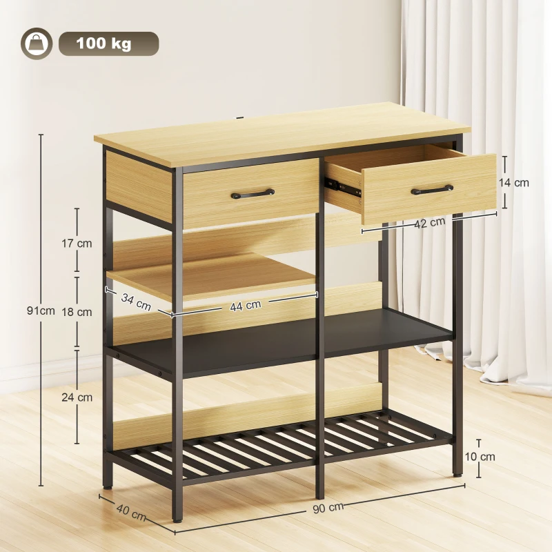 HOMCOM Kredens, Komoda z 2 szufladami, 3 otwartymi półkami, Szafka kuchenna, Szafka bufetowa, Szafka na zapasy dla kuchni, salonu, jadalni, 90x40x91 cm, Drewno naturalne