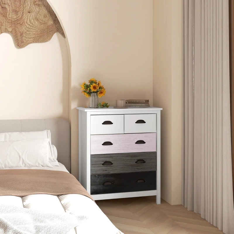 HOMCOM Komoda z 5 szufladami, Biała, zabezpieczenie przed przewróceniem, dla sypialni, salonu, 70 x 38 x 85 cm