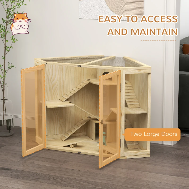 PawHut Wooden Hamster Cage, 4 Tier Mouse Cage with Feeder, Seesaw, Ramp, Huts, for Dwarf, Syrian Hamster, Gerbils, 115 x 69.5 x 79cm