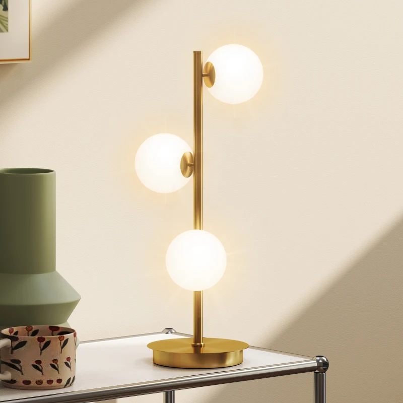 Lampa stołowa HOMCOM z 3 kloszami w kształcie kul, Lampa nocna ze stabilną podstawą ze stali, Gniazda G9, Lampa do czytania do sypialni salonu - Mosiądz
