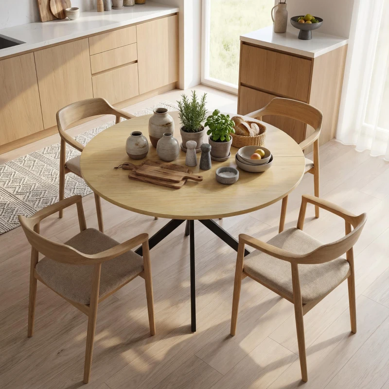 HOMCOM Table ronde pour 4 personnes, table de cuisine style industriel avec pieds en acier, pour salle à manger, cuisine, Chêne