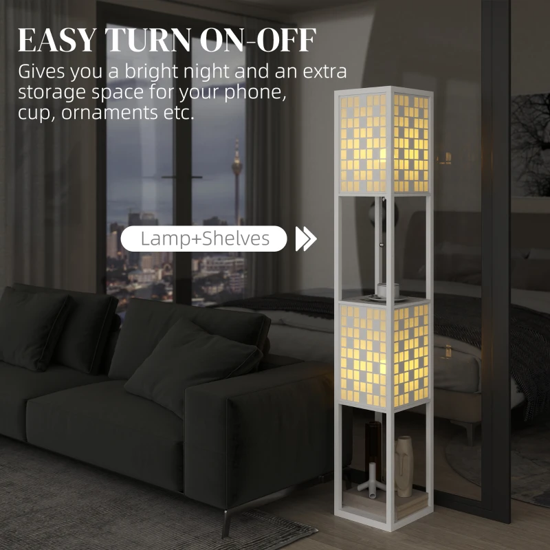 HOMCOM Floor Lamp with Shelves, 2 Layer Grid Pattern Column Modern Standing Lamp with Foot Switch and Pull Chain for Living Room, Bedroom, Office, Bulb Not Included, White