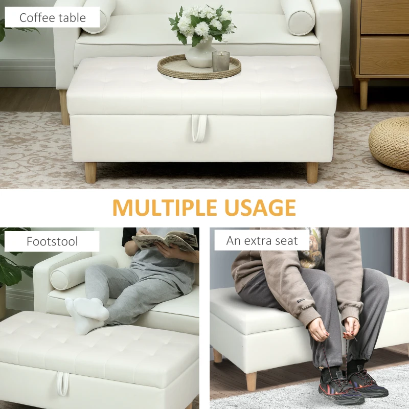 HOMCOM Storage Ottoman, 115 x 50 x 43 cm, Storage Bench with Wooden Legs, Footstool, Footrest, 84L, Velvet Surface, for Bedroom, Hallway, Living Room, Cream White