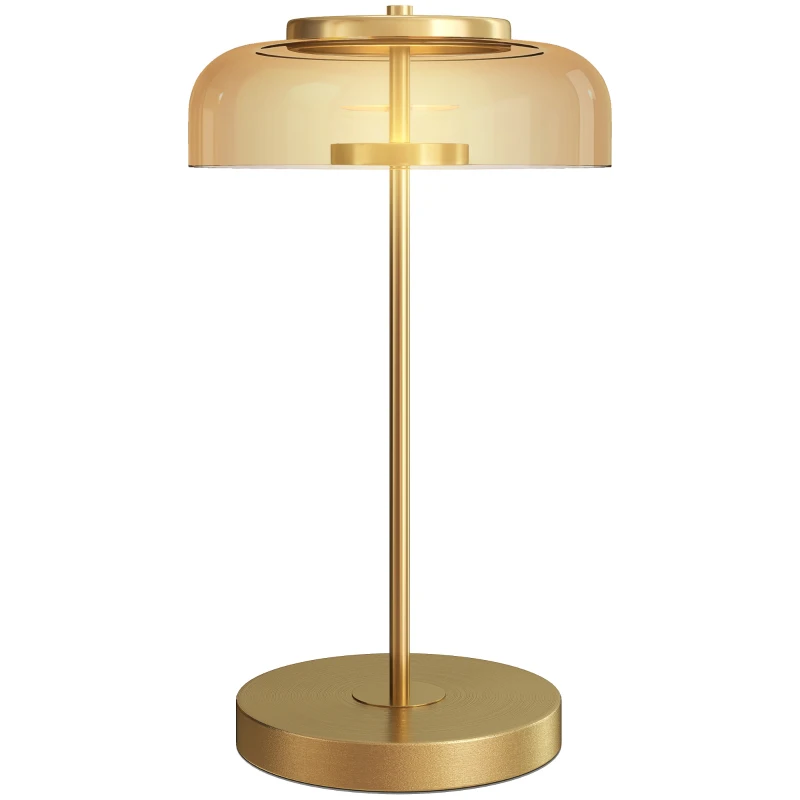 HOMCOM Lampka stołowa nowoczesna z ciepłym światłem LED, metalowa podstawa, bursztynowy szklany klosz, Lampka nocna 5 W 3000 K złota Ø23 x 40H cm