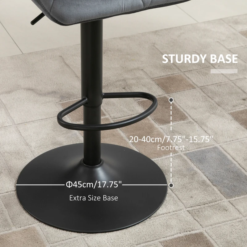 HOMCOM Zestaw 2 Barhockerów, Obite Barstoły z Metalową Ramą, Oparciem, Wygląd Aksamitu, Regulowana Wysokość, Krzesła Kuchenne z Podnóżkiem, Obrotowe 360°, do Kuchni, Salonu, Jadalni, Szare