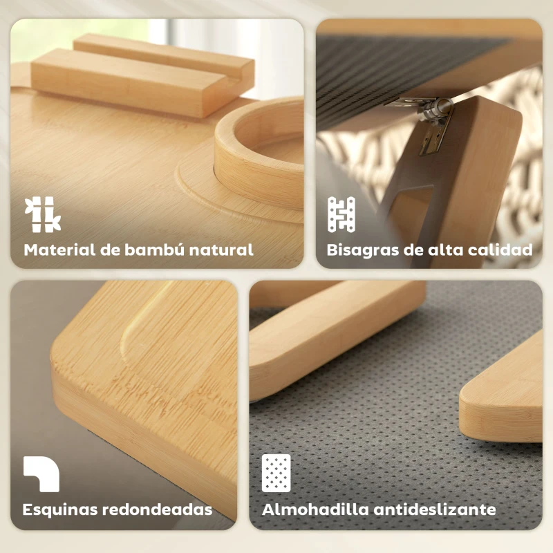HOMCOM Bandeja de Brazo para Sofá de Bambú Plegable y Flexible con Portavasos Extraíble y Soporte Giratorio para Teléfono