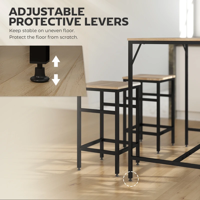 HOMCOM Zestaw stołowy barowy z 4 taboretami 5-elementowy zestaw stołowy ze stołem barowym i 4 taboretami Komplet stołowy do jadalni, kuchni Stal Dąb+Czarny 100 x 60 x 88 cm