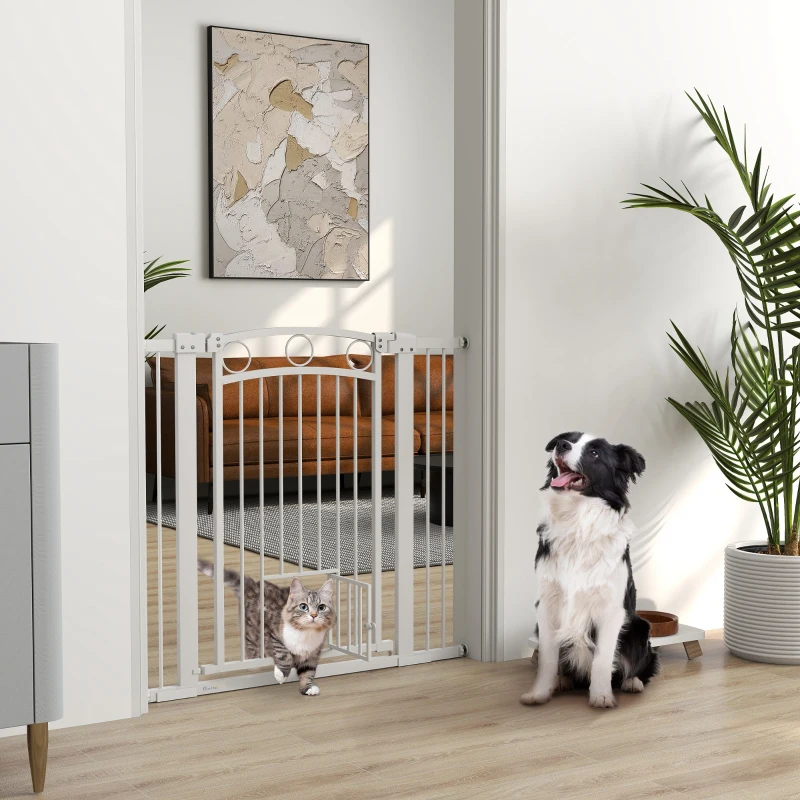 PawHut Stair Gate, 96cm Extra Tall Dog Gate with Adjustable Width 76-104cm, Pressure Fit Safety Gate with Cat Door, 7cm and 14cm Extensions, for Stairs & Doorways, Easy Installation, White