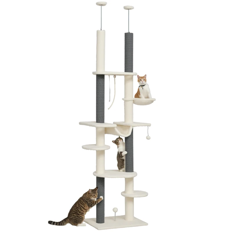 PawHut Cat Tree Tower, Floor to Ceiling Cat Tree Adjustable Height 225-255cm, 7 Tier Cat Tower with Scratching Posts, Hammock, Perches, Toy Balls, Rope Cat Toy, for Indoor Cats, White