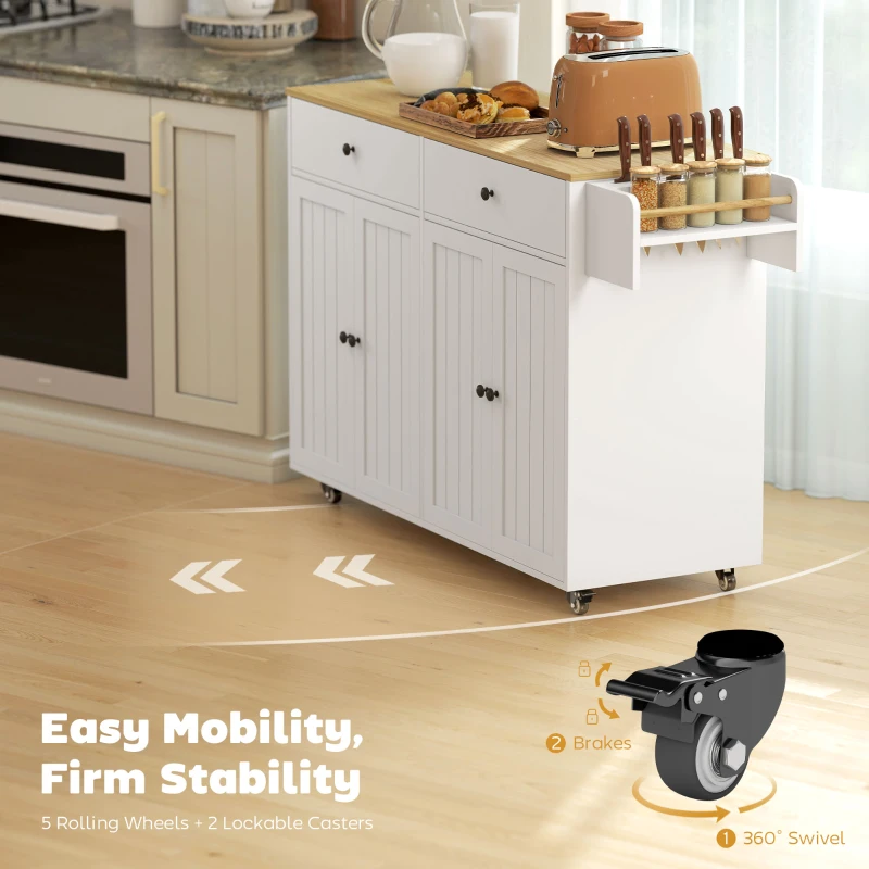 HOMCOM Wyspa kuchenna na kółkach z 2 szufladami, 2 szafkami, kuchenny wózek z półką na przyprawy, uchwytem na ręczniki, nożownik, biały