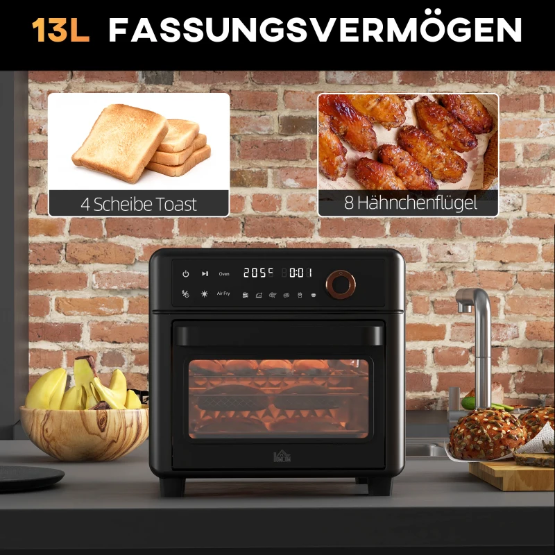 HOMCOM Mini-piekarnik z funkcją hot air fryer, 40-220°C, 12 programów, akcesoria, Czarny