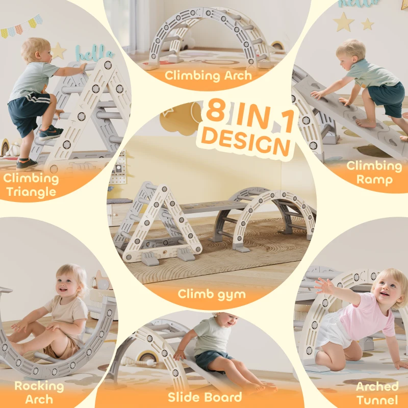 AIYAPLAY Drabinki Kryte, 5 w 1 Trójkąt do wspinaczki z zjeżdżalnią, Łuk, w zestawie dwustronna rampa, Plac zabaw kryty dla dzieci 18-48 miesięcy, Szary+Biały