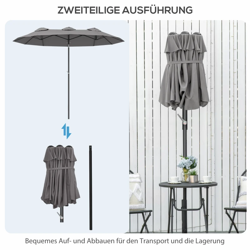 Parasol Outsunny, parasol ogrodowy 285 x 147cm, parasol targowy z regulowanym kątem, podwójny parasol z wiatrem na patio, basen, szary
