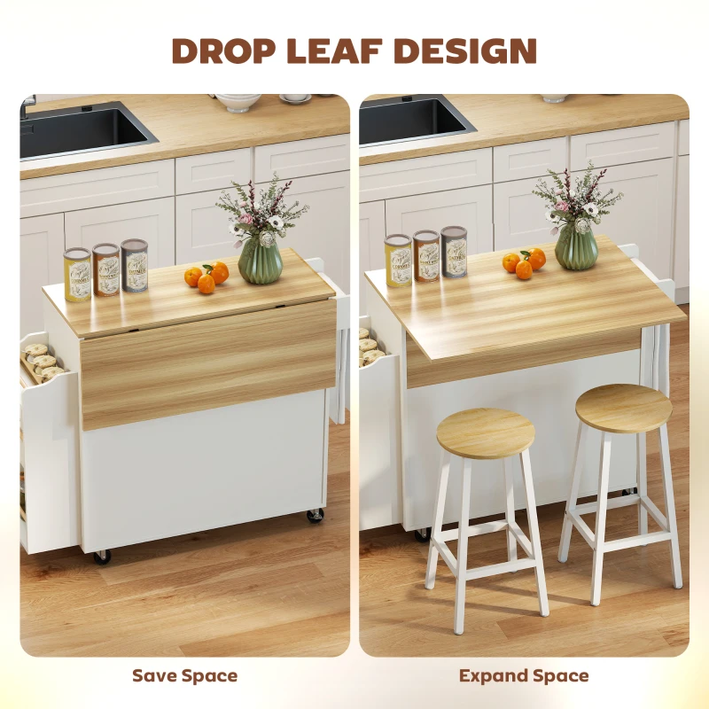 HOMCOM Wyspa Kuchenna na Kółkach z Składanym Blatem, Szafka Kuchenna z Szufladą, Półką na Przyprawy, Półką, Wieszakiem na Ręcznik, Wózek Serwisowy, Wózek na Kółkach do Kuchni i Jadalni 120x68x85cm Biały