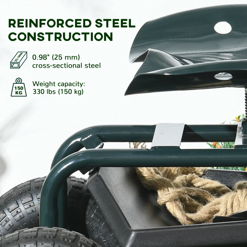 Outsunny Ścigacz Ogrodowy z koszem na narzędzia, ruchomy, obrotowy, siedzisko robocze, Ścigacz Ogrodowy dla małych narzędzi, Stal, Zielony