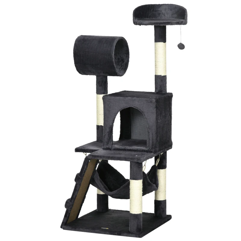 PawHut choinka dla kota z hamakiem, 125 cm, drzewo wspinaczkowe z domkiem dla kota, drapak dla kota, choinka dla kota z zabawkową piłką i tunelem i drabiną, meble dla kota, pluszowe, ciemnoszary