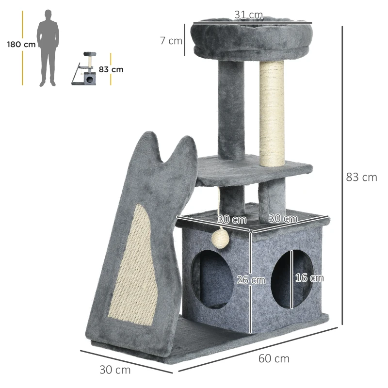 PawHut Drapak 83W cm Drapak dla kotów z deską do drapania i kocim domkiem Drzewko do wspinaczki z platformami Deską do drapania z sizalem Zabawką do zabawy Piłką do gry Dla kota Plush Szary + Kremowy